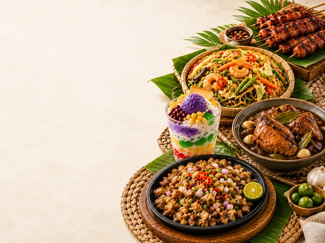 A bright Filipino feast with sisig, chicken adobo, pancit, halo-halo, and grilled barbecue skewers on a warm cream background.